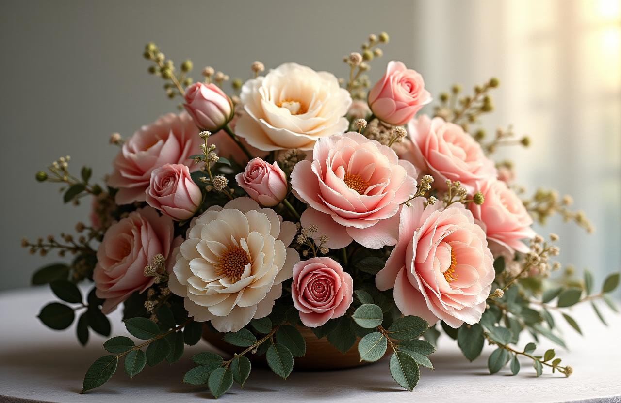 A lush and artistic bespoke floral arrangement featuring roses, eucalyptus, and peonies in a soft color palette.